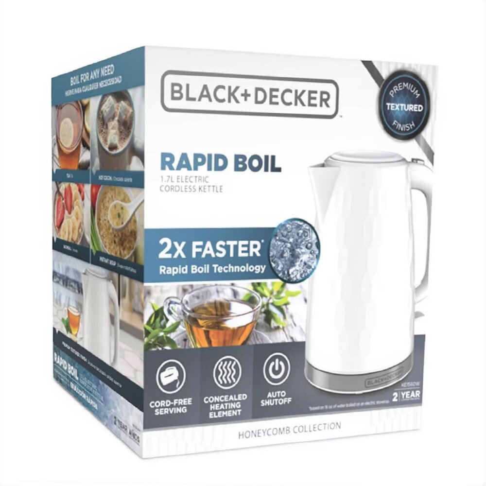 New Black & Decker White Honeycomb 1.7-Liter Rapid-Boil Electric Cordless Kettle